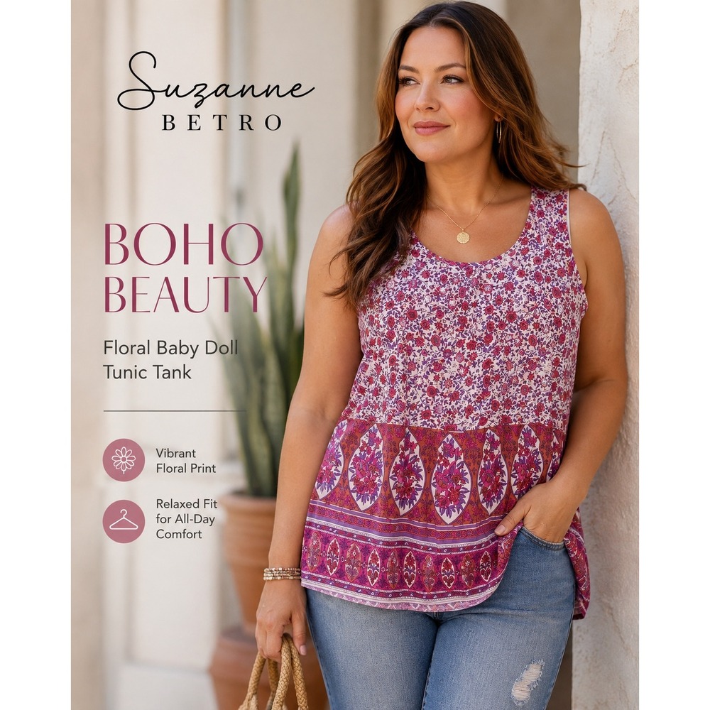 NEW Suzanne Betro 4X BabyDoll Tank Tunic White Pink Floral Print Bohemian